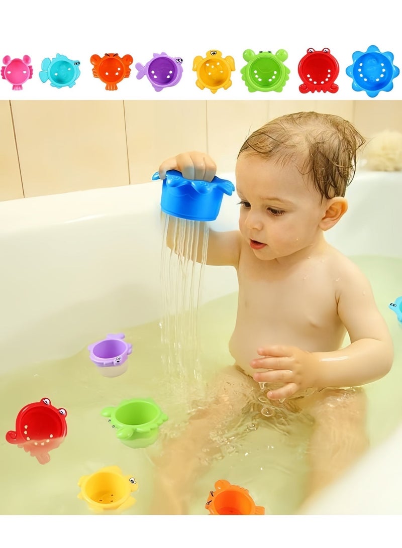 أكواب حمام الأطفال القابلة للتكديس - مجموعة ألعاب شاطئ وحوض استحمام من 8 قطع للأطفال الصغار - خالية من مادة BPA، سهلة التصريف، لعبة مائية تعليمية للأطفال من سن 6 أشهر فما فوق - Image 3